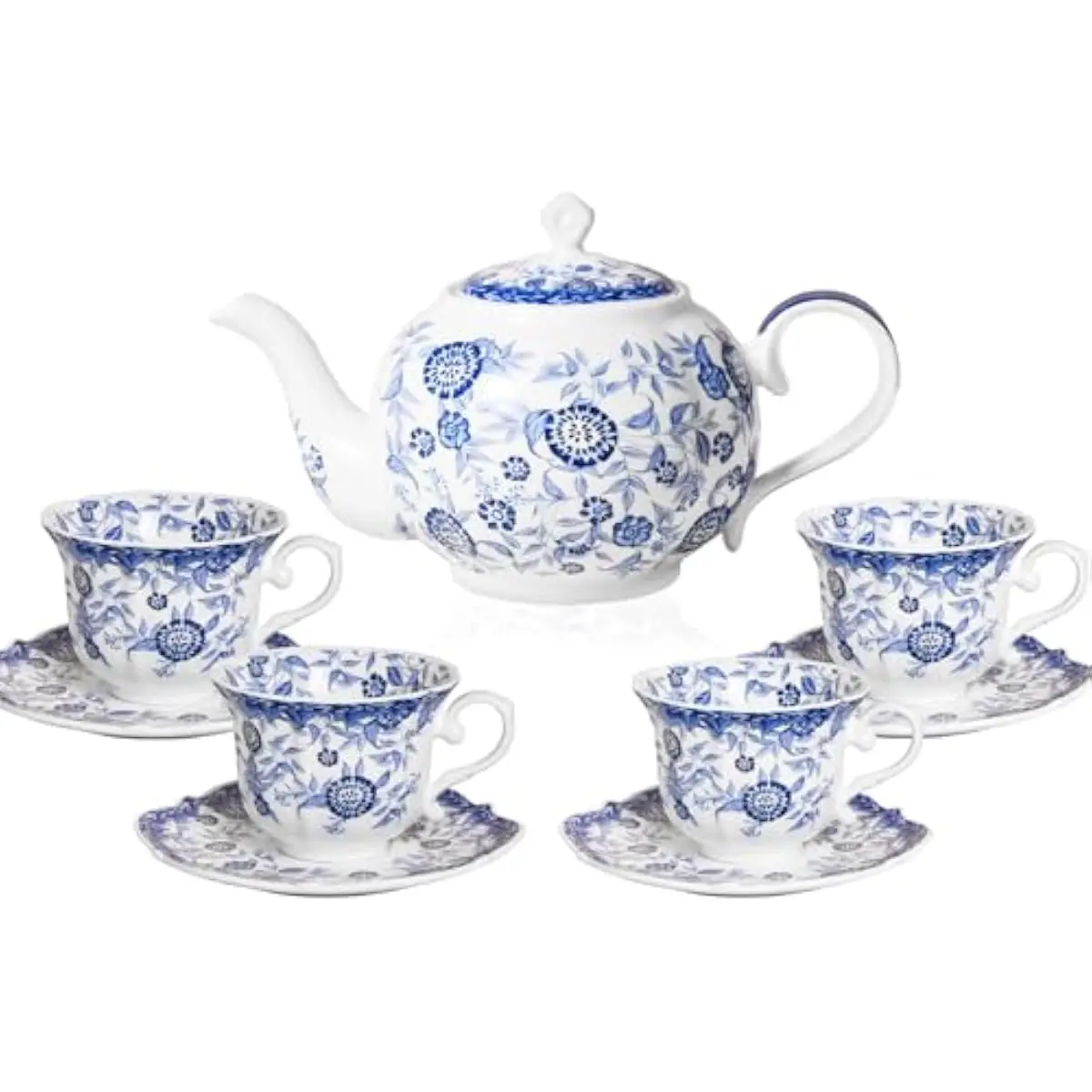 Porcelain 13-Piece Blue Floral Tea Ensemble – Microwave & Dishwasher Safe Teapot with Secure Lid and 7-Hole Strainer, 4 Ergonomi