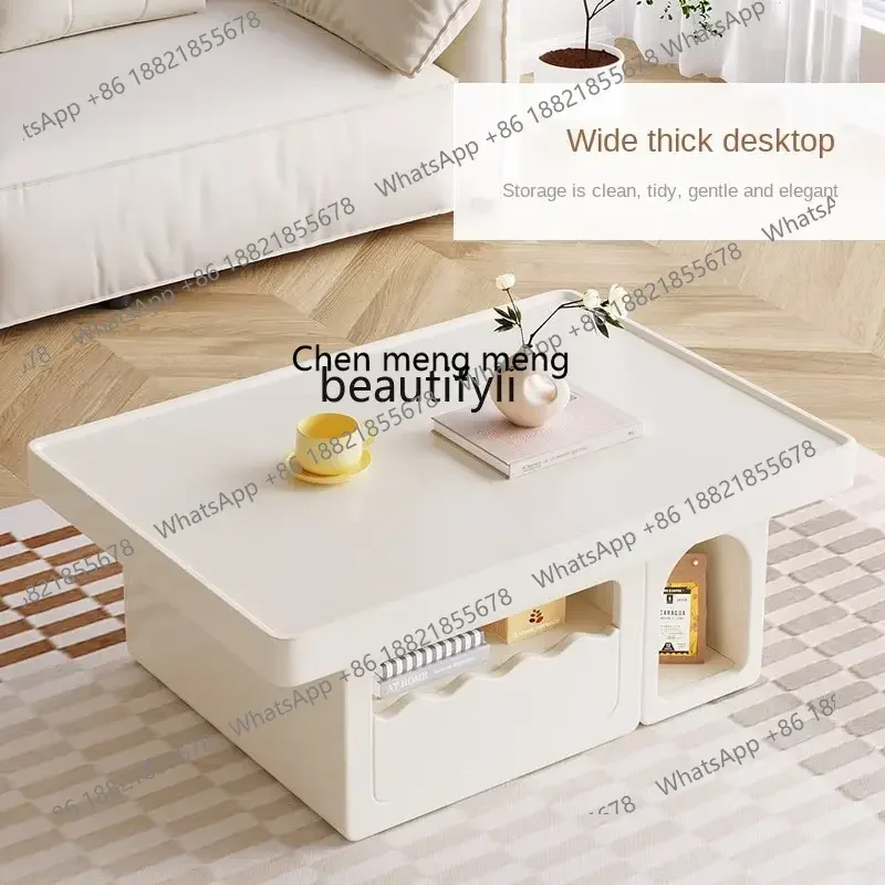 zqCream Style Coffee Table TV Cabinet Combination Household Living Room Storage Cabinet Retractable Coffee Table Storage Cabinet