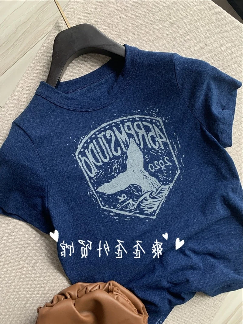 

Светящаяся синяя футболка ort Sve, женская облегающая футболка с крашением, повседневная хлопковая круглая футболка Ne Regular Sve Length, летняя