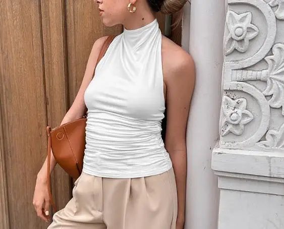 

Women's vest summer new French elegant sexy solid color simple stand up collar pleated design tight backless hanging neck vest