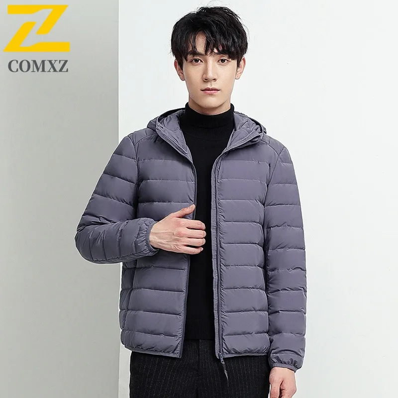 COMXZ Down Jacket Hooded Slim Fit Versatile Solid Color Warm Skiing Puffer Jacket Loose Minimalist Parker Coat Men's Clothing