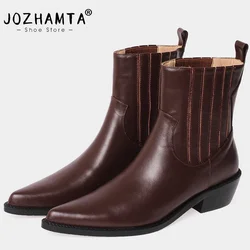 JOZHAMTA Size 33-40 Women Ankle Boots Genuine Leather Thick Mid Heels Winter Shoes For Women Western Boots Ladies Retro Booties