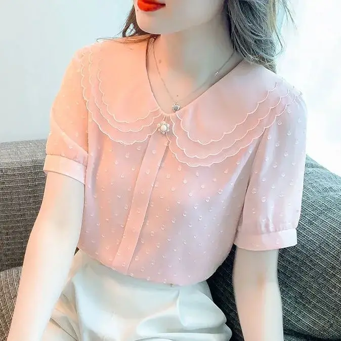

French Vintage Chiffon Blouse Women Summer New Loose Stylish Baby Collar Short Sleeve Top
