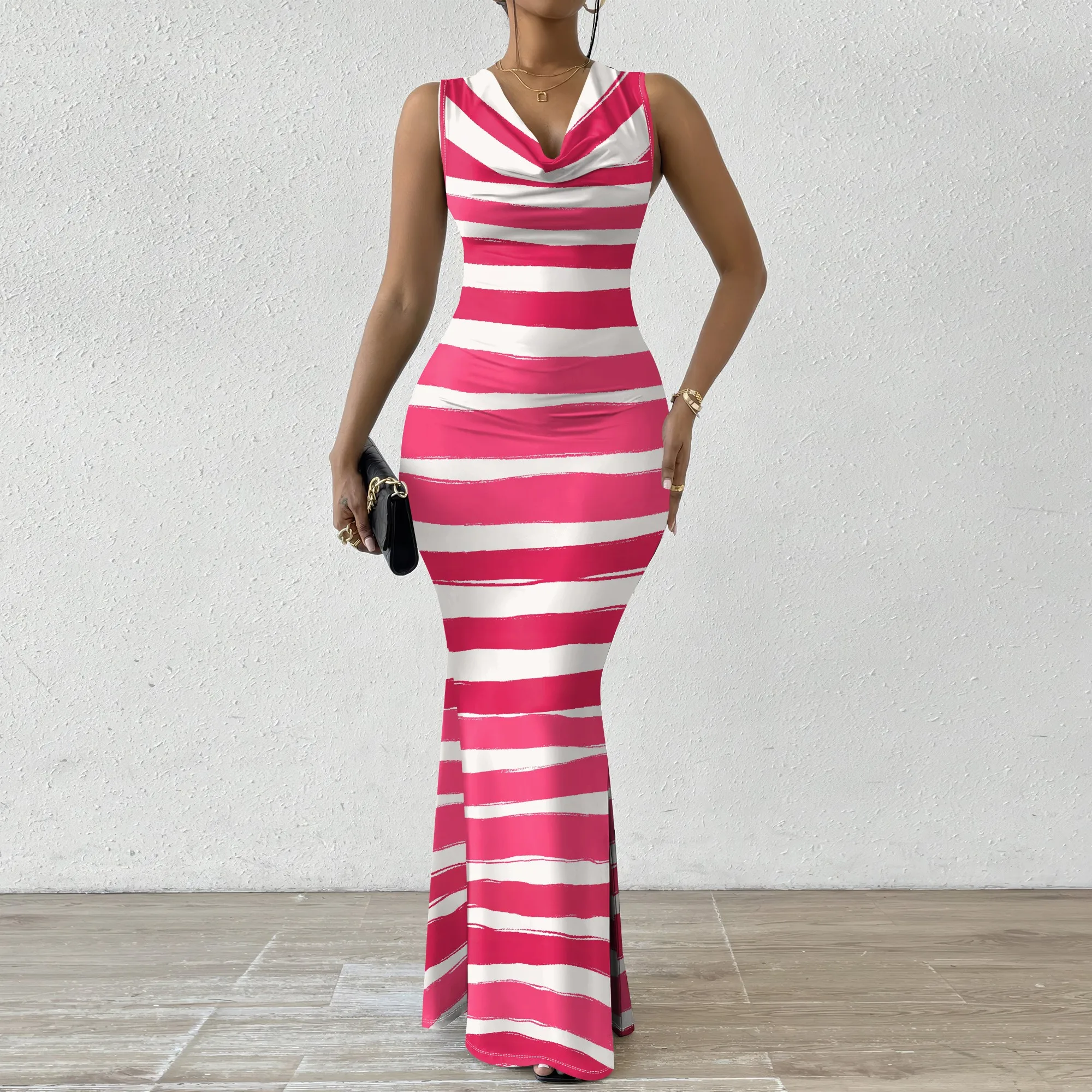 

StyleFlow Striped Bodycon Maxi Dress Cowl Neck Sleeveless Mermaid Party Cruise Resort Pink White XS-2XL New