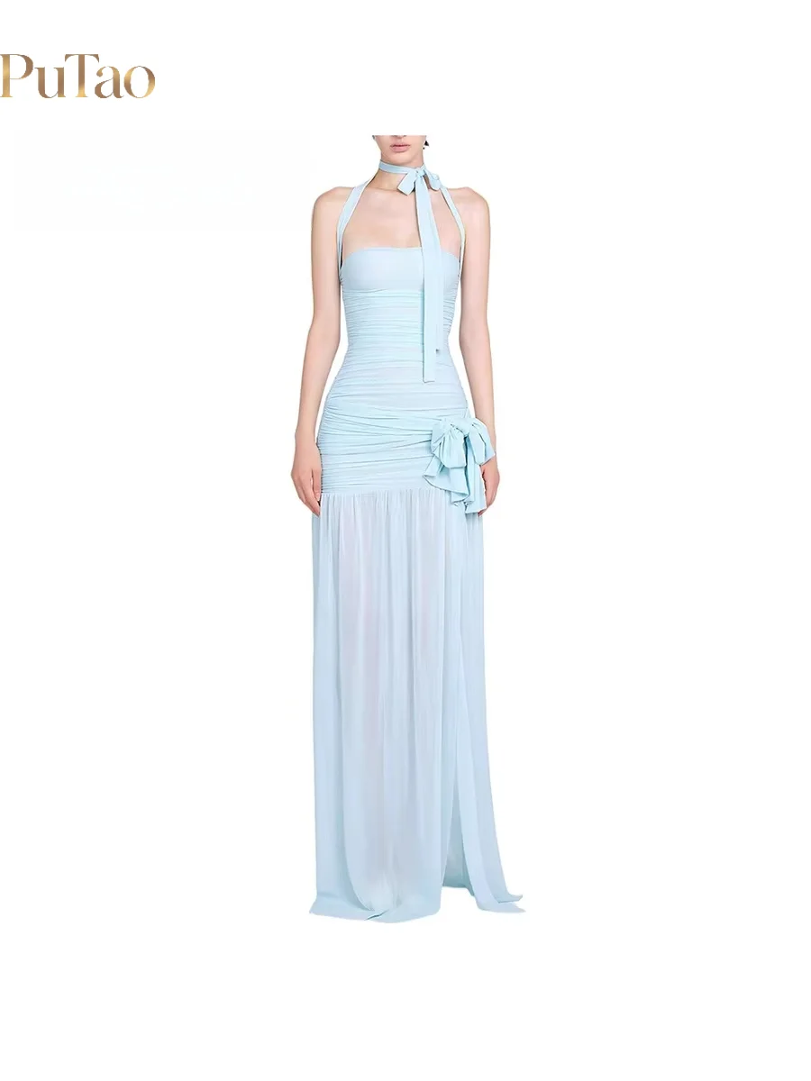 PuTao Halter Neck Light Blue Chiffon Maxi Dress Ruched Bow Sleeveless Formal Evening Gown Wedding Guest Prom Party Dresses