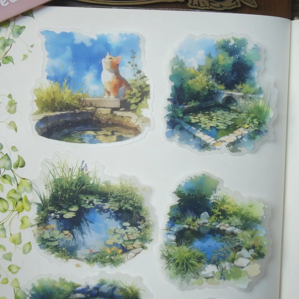 10pcs Fountain and Small Pond in The Garden Style PVC Sticker Scrapbooking DIY Gift Decoration Tag