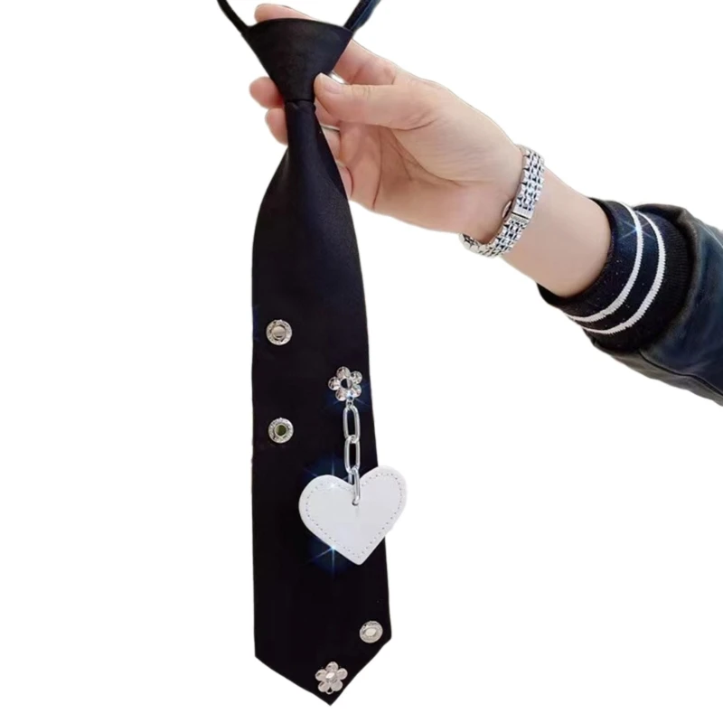 School Girl Tie Kids Heart Pre-tied Necktie with Rhinestones Flower Heart Ties School Uniform Necktie JK Pre-tied Tie