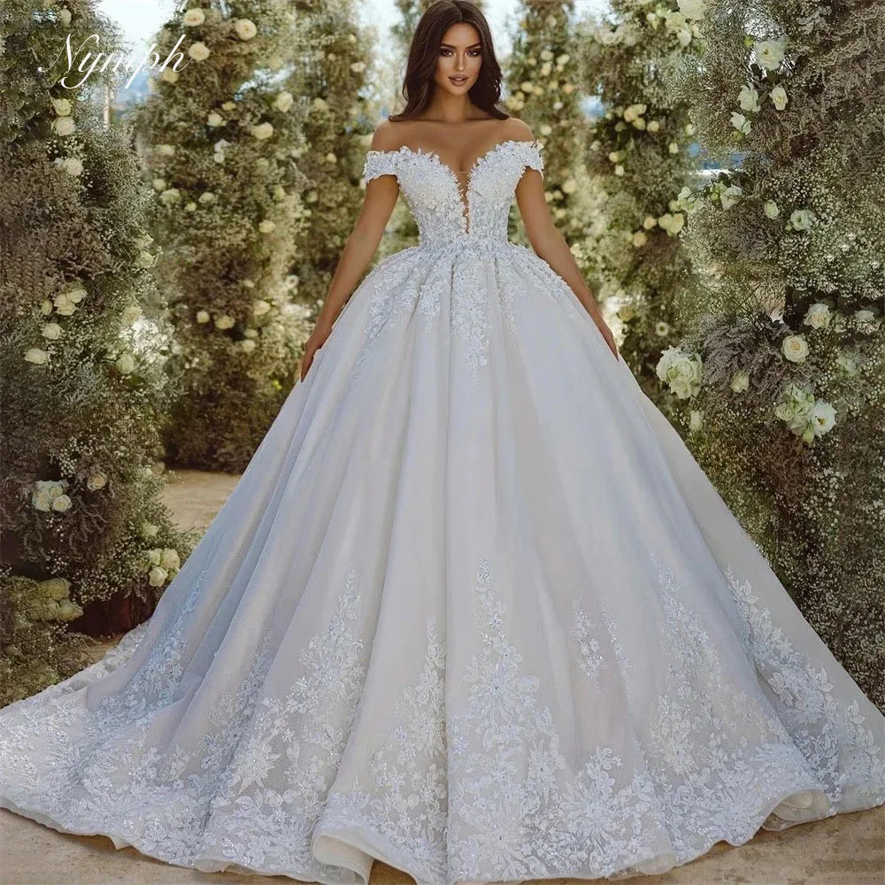 Ninfa Abiti da sposa eleganti personalizzati Donna Applique con spalle scoperte Scollo a V Abiti da sposa senza schienale Principessa Abiti da sposa