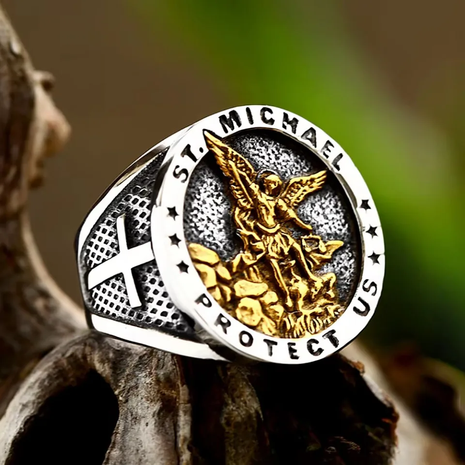 Vintage Stainless Steel Catholic Saint Michael Rings For Men Fashion Knight Angel Michael Protect Amulet Ring Religions Jewelry