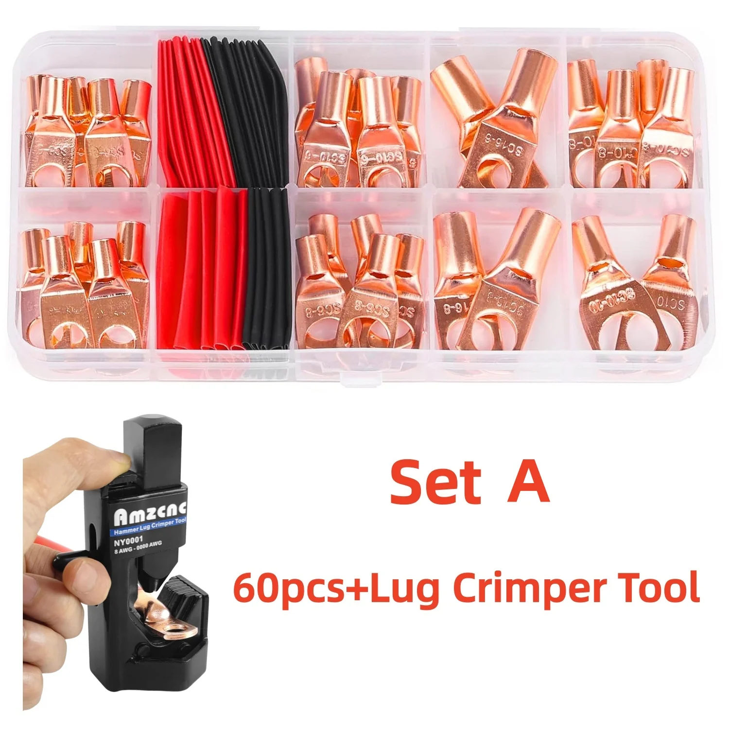 Hammer Lug Crimper Tool for 0000 AWG 4/0 Battery Welding Cables, Copper Ring Terminal Kit with Heat Shrink Tubing AWG 4-12