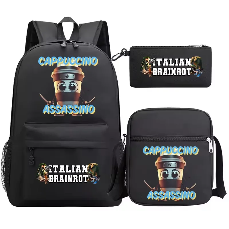 3pcs Set Cappuccino Assassino Backpack for Boys Girls Italian Brainrot School Bags Funny Cartoon Student Backpack for Teenager
