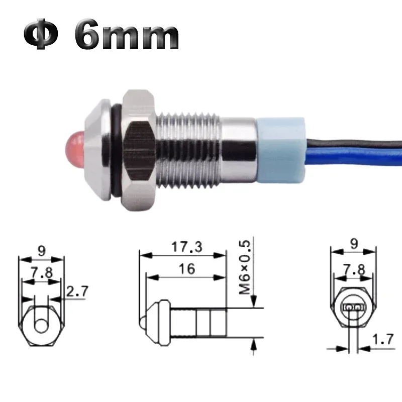 Indicatore luminoso a LED in metallo 6mm impermeabile 12V 24V 110V 220V rosso verde blu ambra bianco lampada pilota cavo principale pannello luminoso