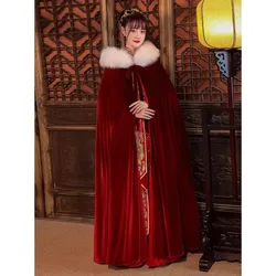 Customized Velour Bridal Cape Burgundy Christmas Cloaks Faux Fur Hooded Wine Red Weddong Accessories Long Wraps