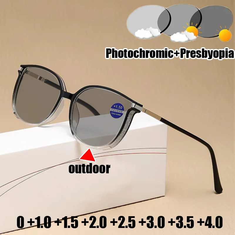 Women Men's Blue Light Blocking Photochromic Reading Glasses Vintage Round Shining Frame Far Sight Eyewear Finished Sunglasses