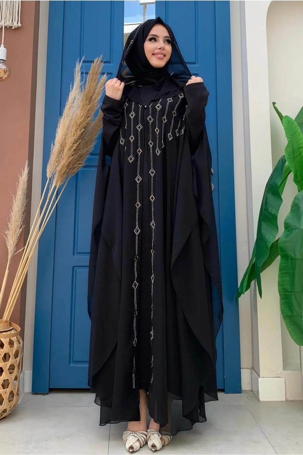 Abaya Suit Black Hooded Stone-Women's Muslim Fashion, Custom Stone Embroidered Ferace Abaya