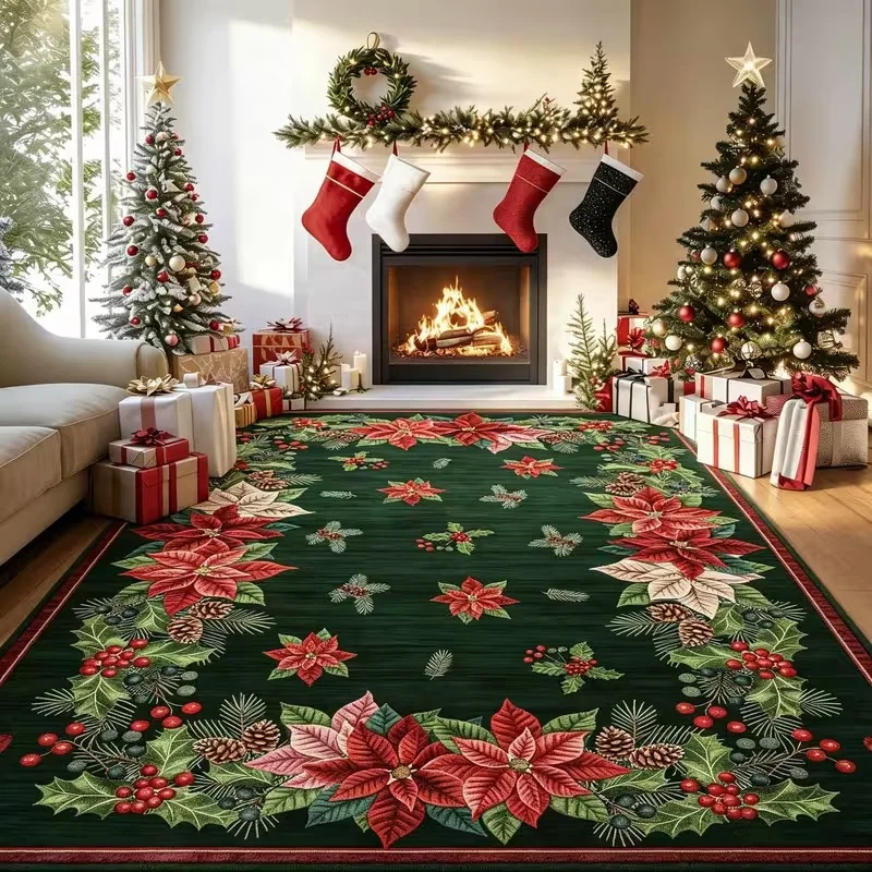 VIKAMA Christmas Poinsettia Pine Cone Large Area Rug Green Festive Floor Carpet for Living Room Indoor Xmas Home Decoration