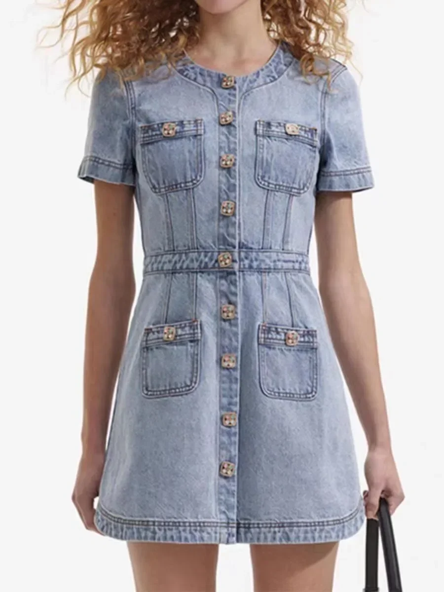 

Pure Cotton Casual Office Lady Front Buttons Closure High Quality Blue Short Sleeve Jeans Mini Dress 2024 New Summer