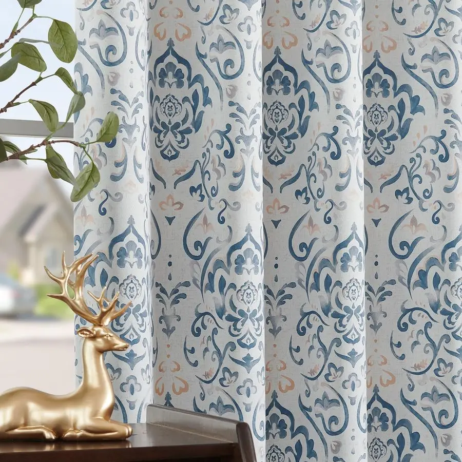 

Blue Damask Blackout Curtains 96 Inches Long for Bedroom Living Room, Floral Printed Thermal Insulated Window Treatments, Back T