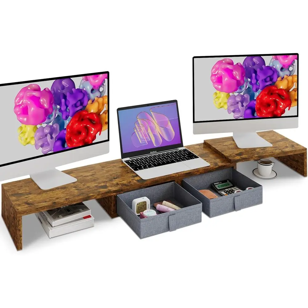 

Length and Angle Adjustable White Monitor Stand with 2 Drawers for Storage, Large Computer Riser or 2 Monitors/Laptop/PC, Wood/T