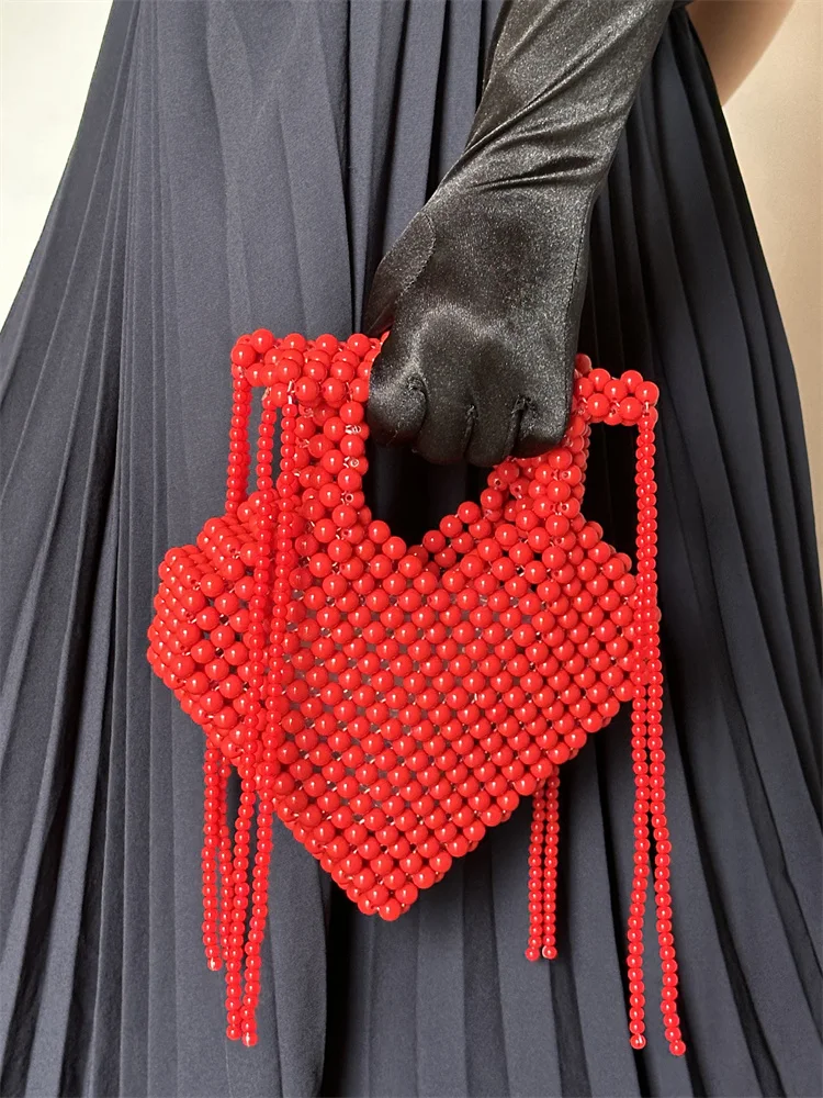 INS Style Red Heart Beaded Design Women Clutch Long Tassel Evening Bags Party Wedding handle bag Purse for Female Purses