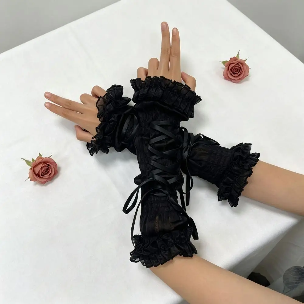 Elegant Ruffled Lace Women's Arm Warmers Yarn Knitted Bow Sleeve Cove Lace Arm Sleeves Ribbon Tie Fake Sleeves For Women Girls