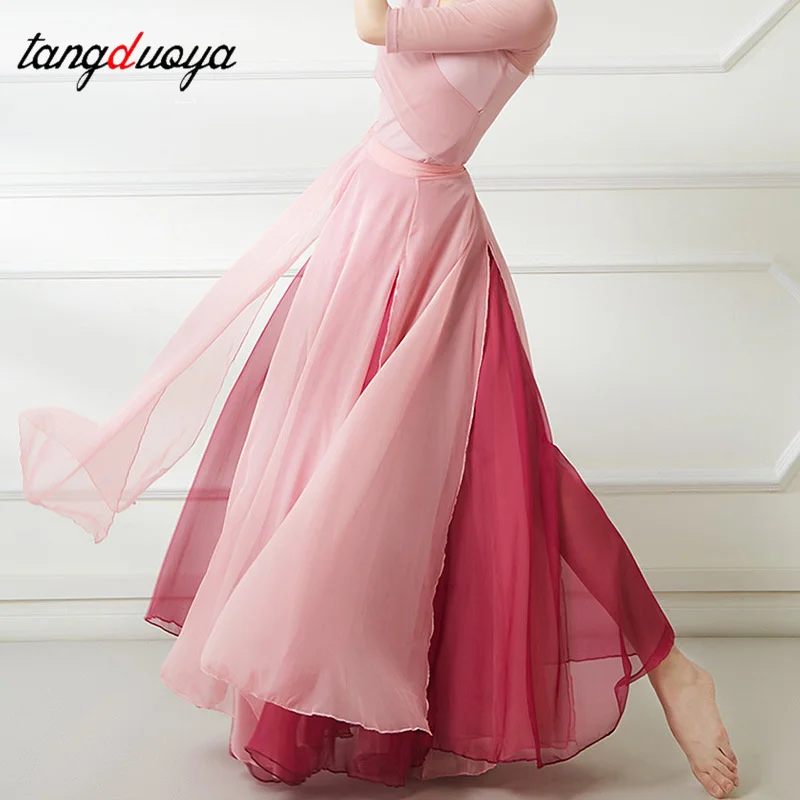 Classical Dance Costume 720-Degree Flowing Half-Length Skirt Strappy Double Layer Large Swing Skirts Gauze Tops Elegant Mesh Top