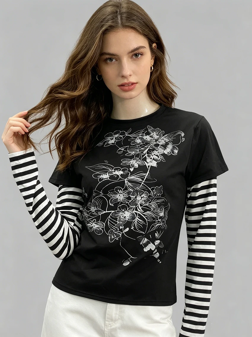 Fashion Casual Versatile Classic Printed Women Top Millennium Style Personalized Spicy Girl Fake Two Striped Long Sleeve T-shirt