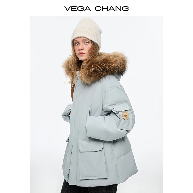 Vega Chang New Winter Women's down Jacket with Detachable Raccoon Fur Collar Dupont Three-Proof down Jacket
