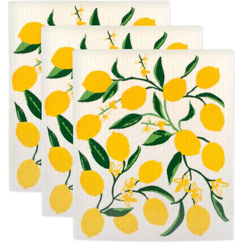 Dishcloths for Kitchen & leaning, Reusable, Machine Washable & Dishwasher Safe, Biodegradable, 7.75 x 6.75, Lemons, 3 counts