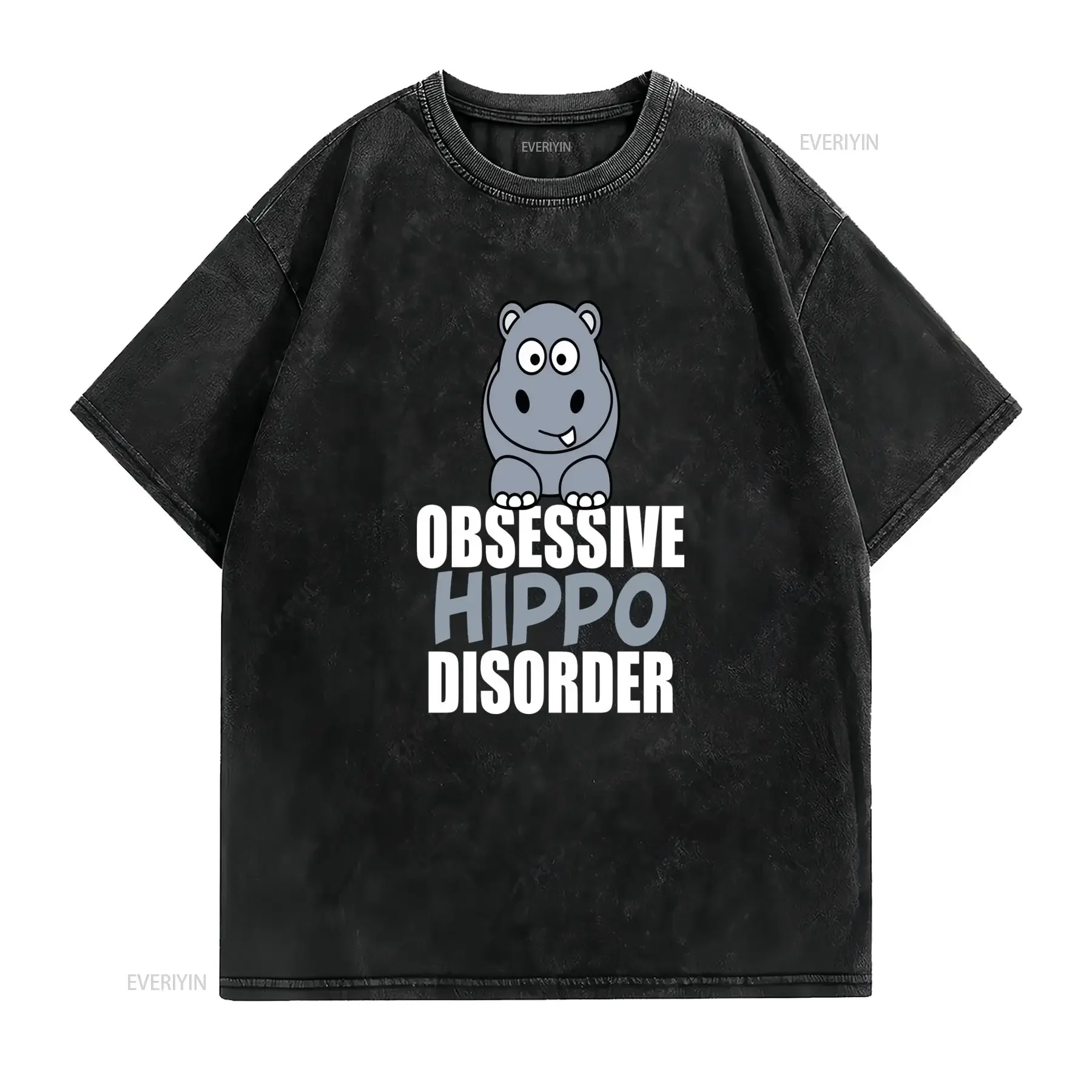 Funny Cartoon Hippo Obsessive Disorder Print Casual T Shirt vintage Washed fashion Slightly streetwear Unisex graphic Versatile