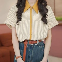 Summer Woman Clothes HongKong Retro Style Fashion Chic Niche Loose Slim Short Sleeve Shirt Striped Tops Contrasting Colors Trend