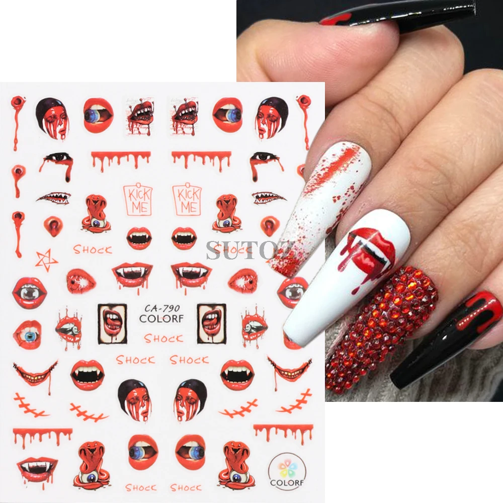 Halloween Spooky Nail Stickers Centipede Spider Nail Decals Blood Drips Scar Lips Skulls Sliders Manicure Horror Decor NTCA-788