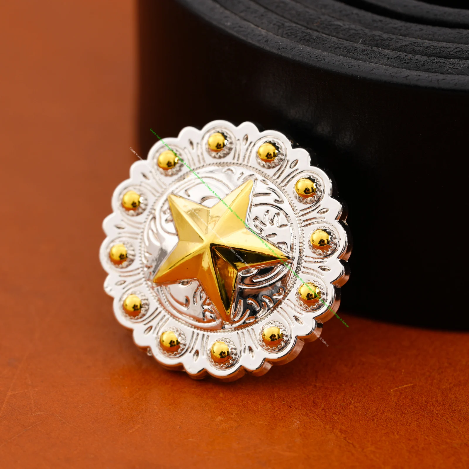 

35mm Round Lot 5X Bling Gold Silver Texas Star Berry Flower Side Western Cowboy Leathercraft Concho Set Screwback