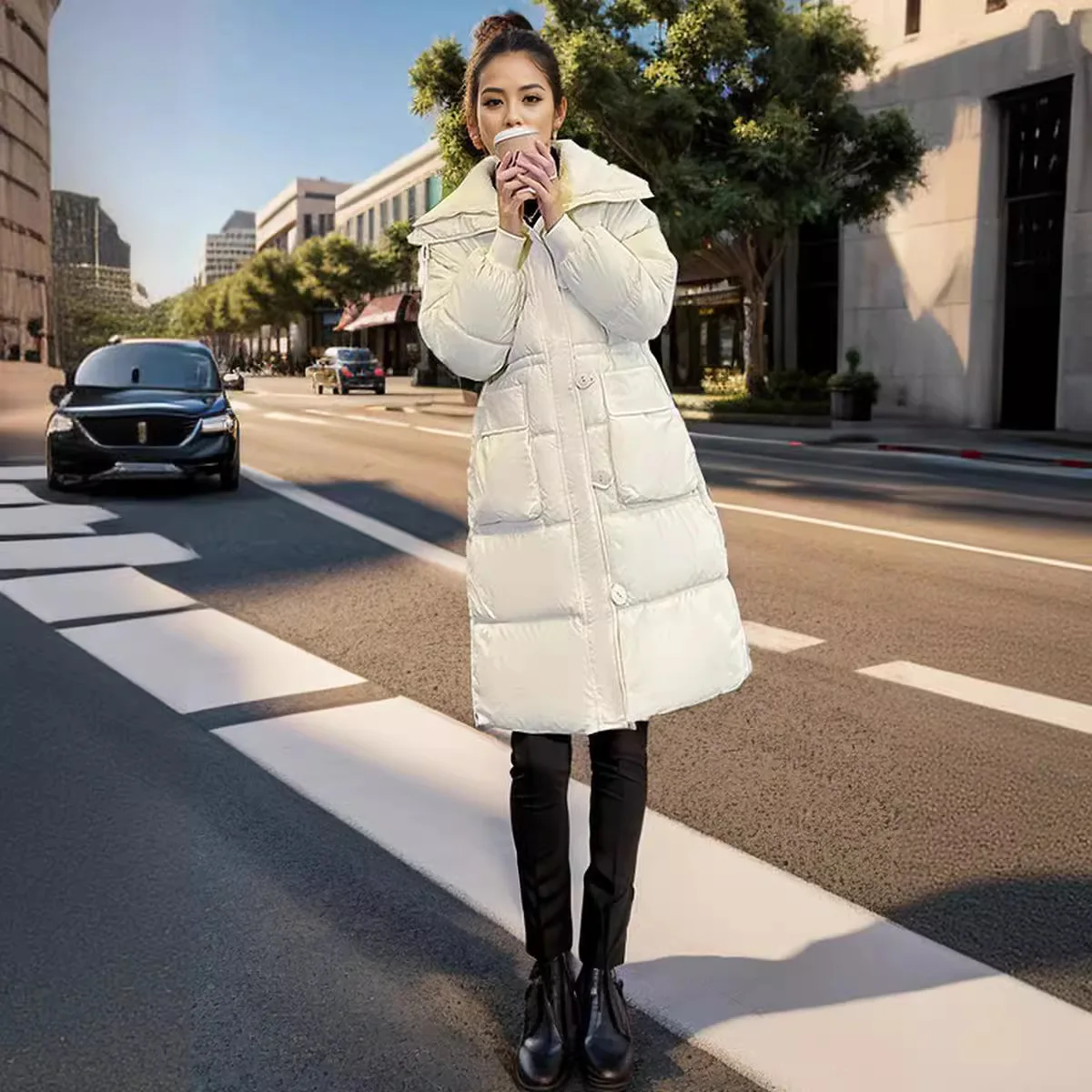 New Winter Women's Long and Loose Standing Collar Cotton Jacket, Casual Solid Color Jacket