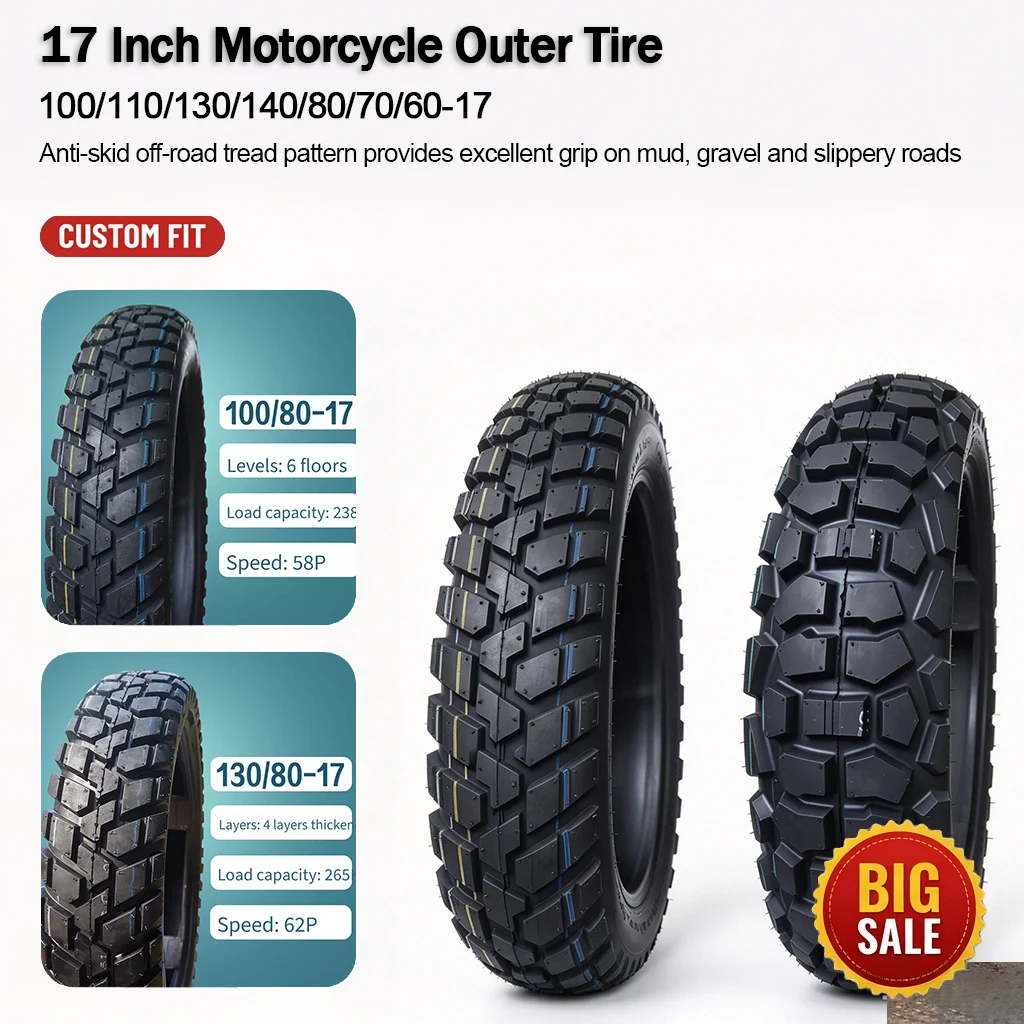 17 Inch Motorcycle Outer Tire 100 110 130 140 80 70 60-17 Tubeless Anti-skid Off-road Wear Resistant Durable Wide Compatibility
