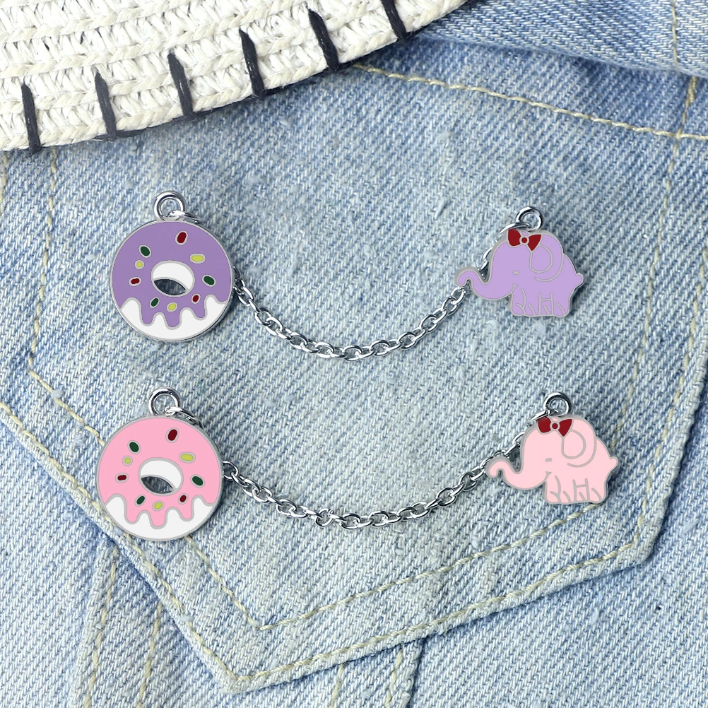 Delicious Donuts Pin Cartoon Elephant Animal Enamel Brooch Fashion Clothes Lapel Metal Chain Badges Girl Boy Jewelry Couple Gift