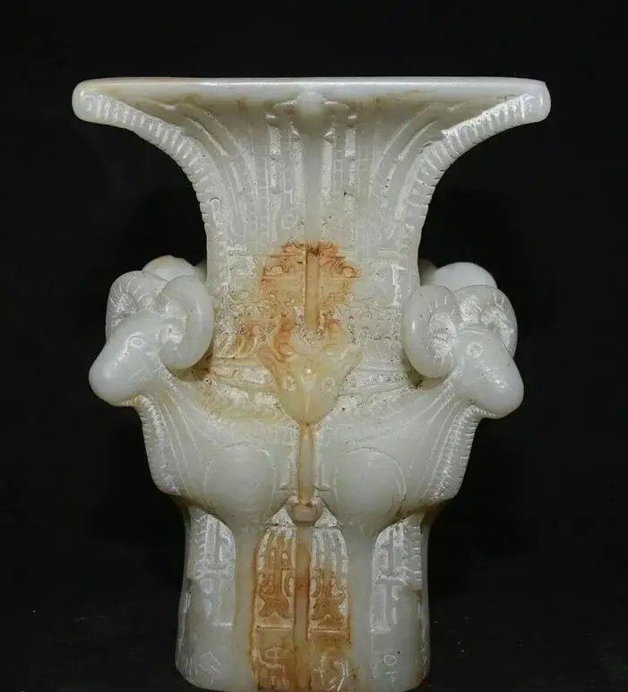 7.6" Old Chinese White Jade Carving 4 Sheep Animal Head Square Vase Bottle