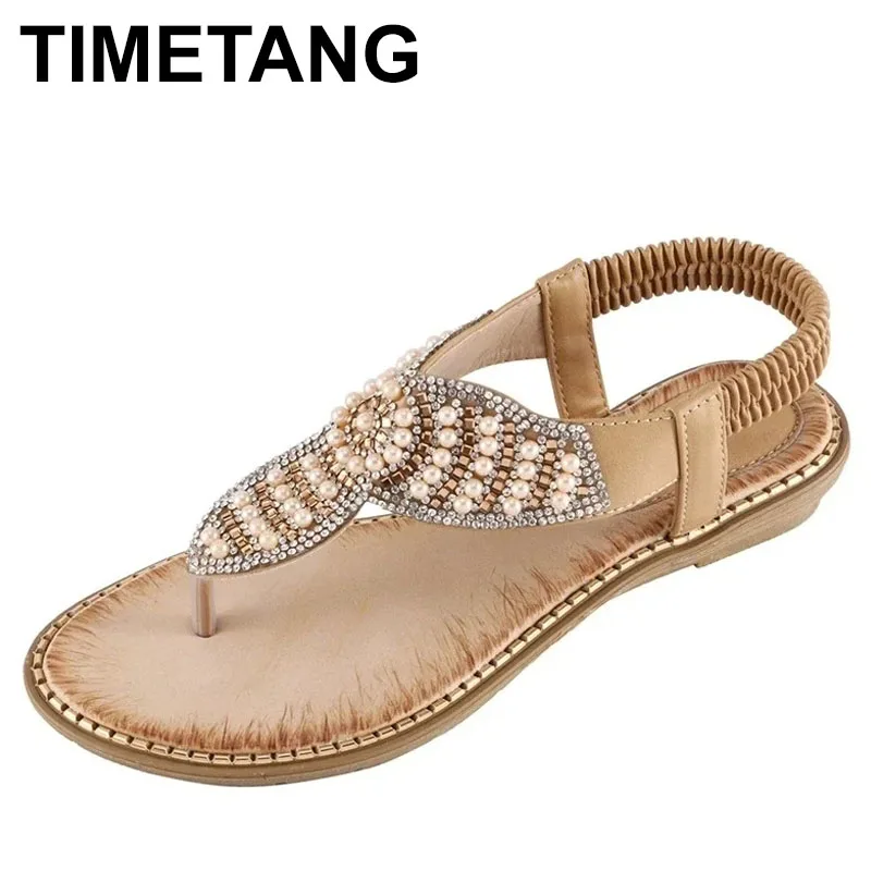 

2025 модные дышащие женские сандалии со стразами и жемчугом, женская обувь Causel, однотонные женские сандалии с эластичным поясом и диким носком