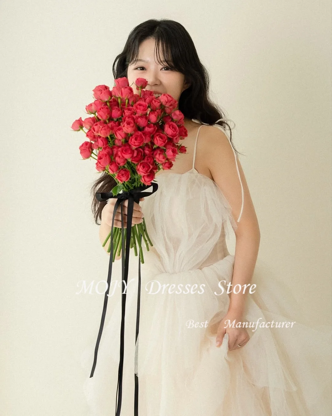 Mojy Corea vestido de fiesta de boda Spaghetti Strap tul A-Line sesión de fotos vestido de recepción nupcial personalizado