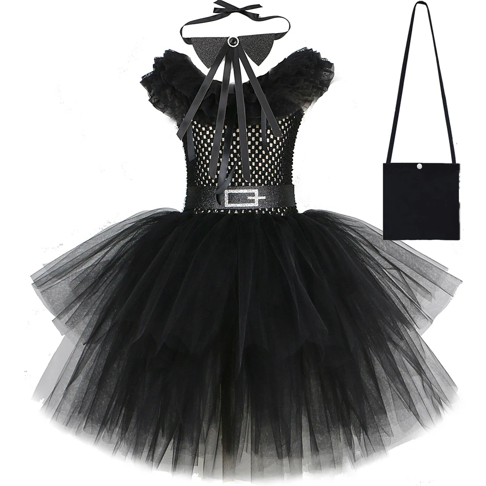 Black Wednesday Costumes for Girls Addams Layered Dresses with Bow Tie Schoolgirl Ballet Tutus Kids Halloween Outfit Lace Collar