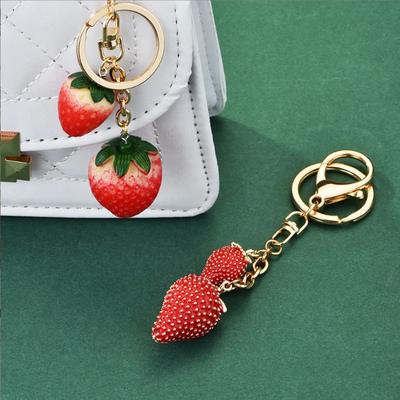 Strawberry Key Ring Bag Charm Keychain Metal Accessory Sparkling Resin For Purses And Bags, Red, Black, Pink