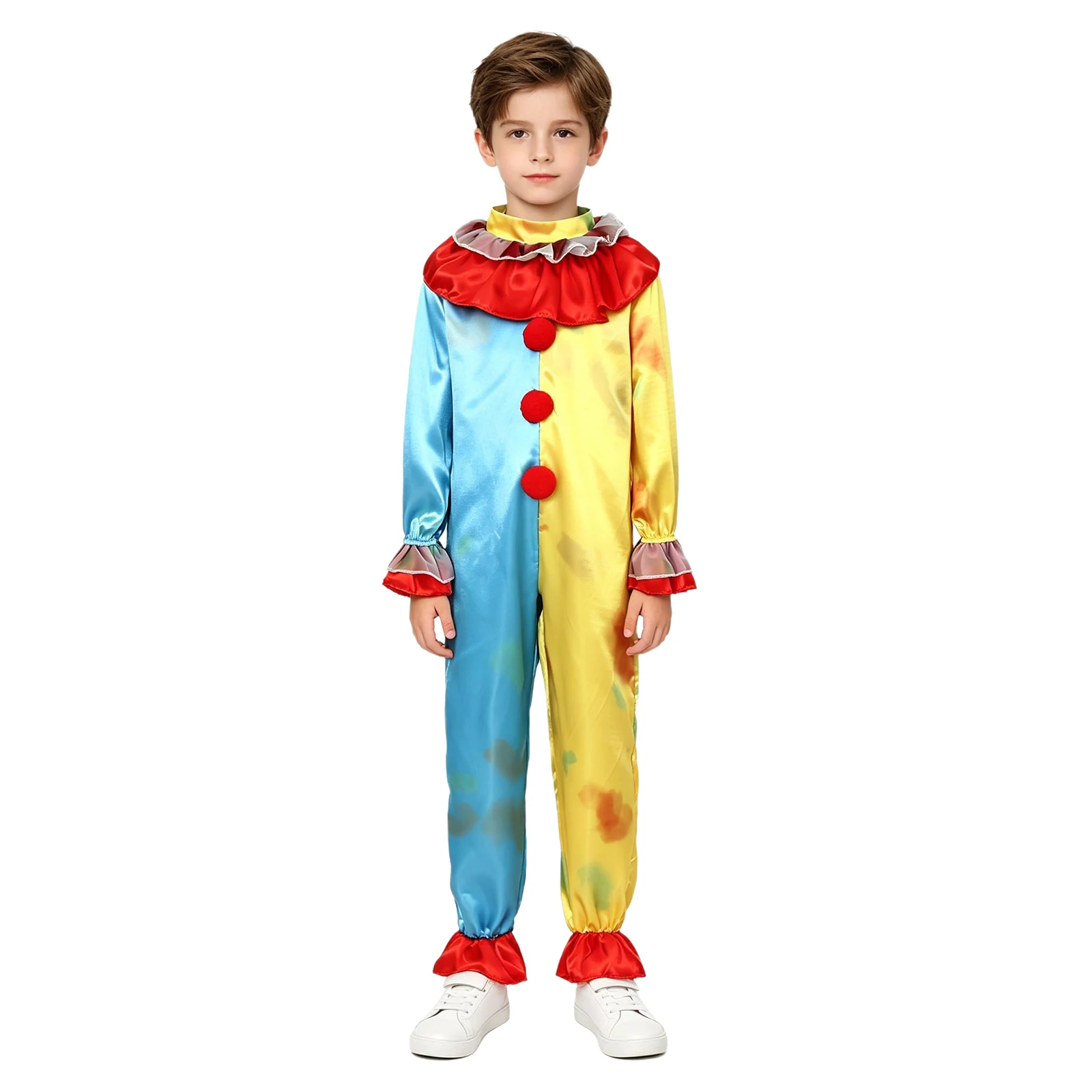 Disfraz de Payaso, Bufón, Joker Divertido para Niños y Niñas, Halloween, Carnaval, Mono de Manga Larga con Cuello con Volantes y Abertura en las Piernas con Cierre