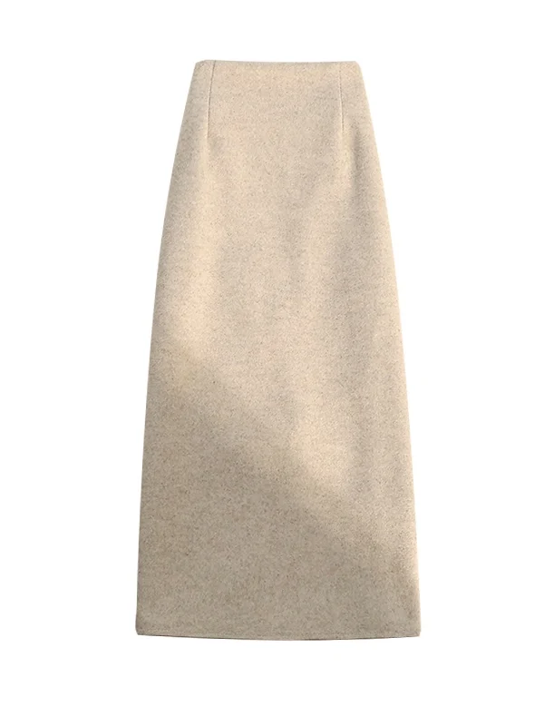 تنورة صوفية قصيرة بنية اللون عالية الخصر للنساء، تنورة خريفية وشتوية على شكل حرف A مع شق، تنورة كورية الطراز للعمل