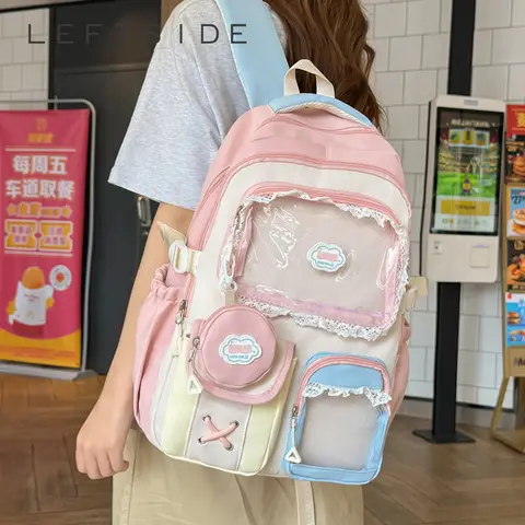 LEFTSIDE Girls Sweet Backpack Transparent Ita‑Bag  with Small Coin Purse Large Capacity Cute Teen Student School Travel Rucksack