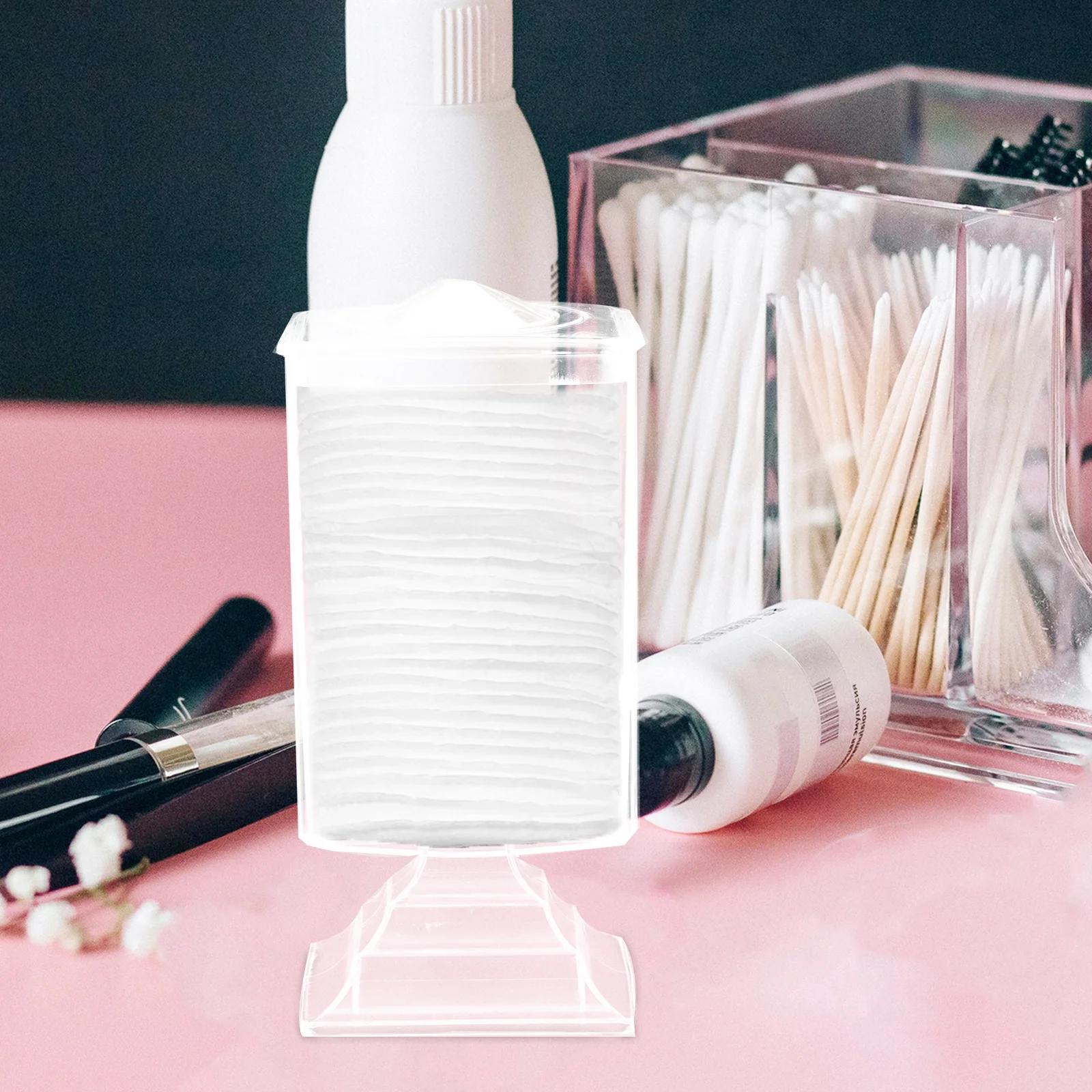 

Transparent Plastic Cotton Pad Holder Box High Stand Makeup Nail Wipe Organizer Storage Container for Vanity Bathroom Countertop
