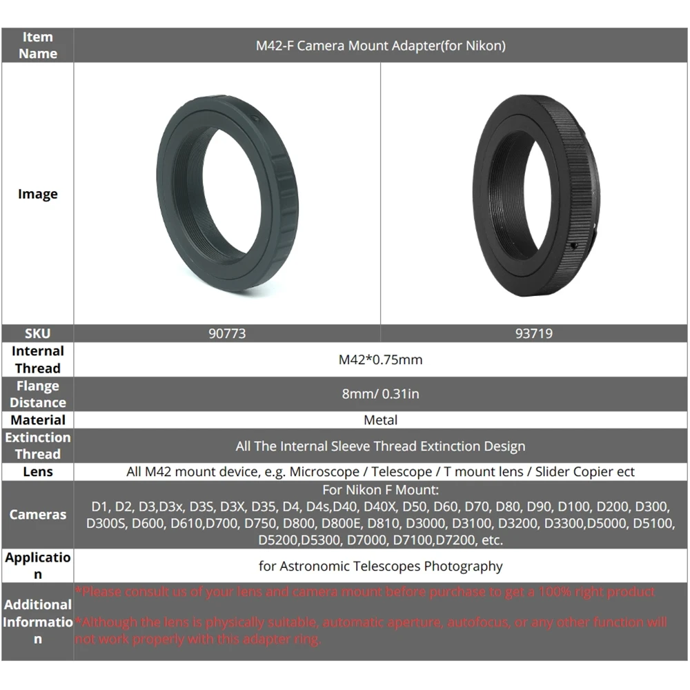 EYSDON M42 To Nikon F Mount T-Ring T2-F Adapter for Astronomic Telescopes Photography