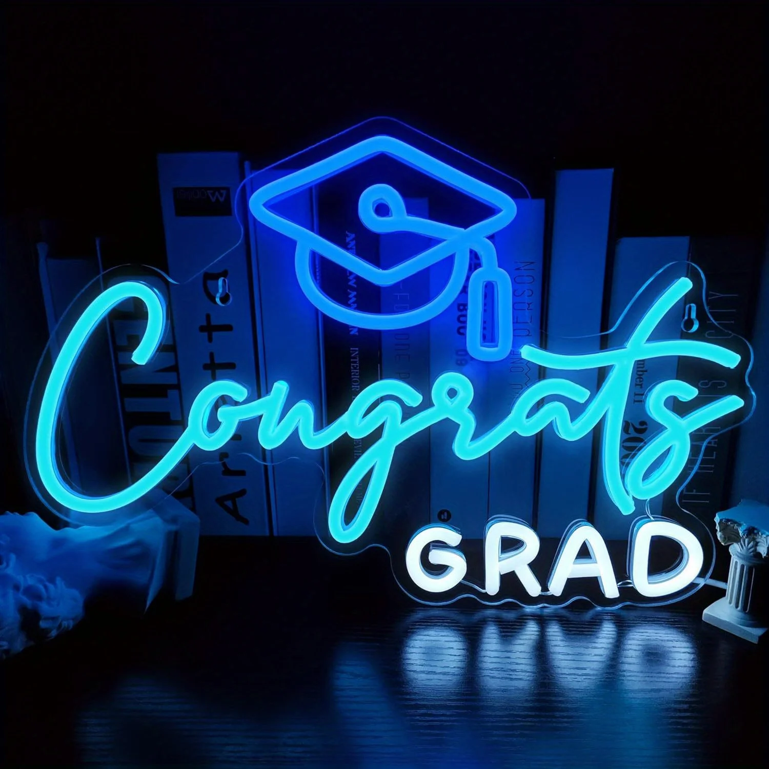 Congrats Grad Blue LED Neon Sign Graduation Cap USB Powered Class of 2026 Party Backdrop College Graduate Gift