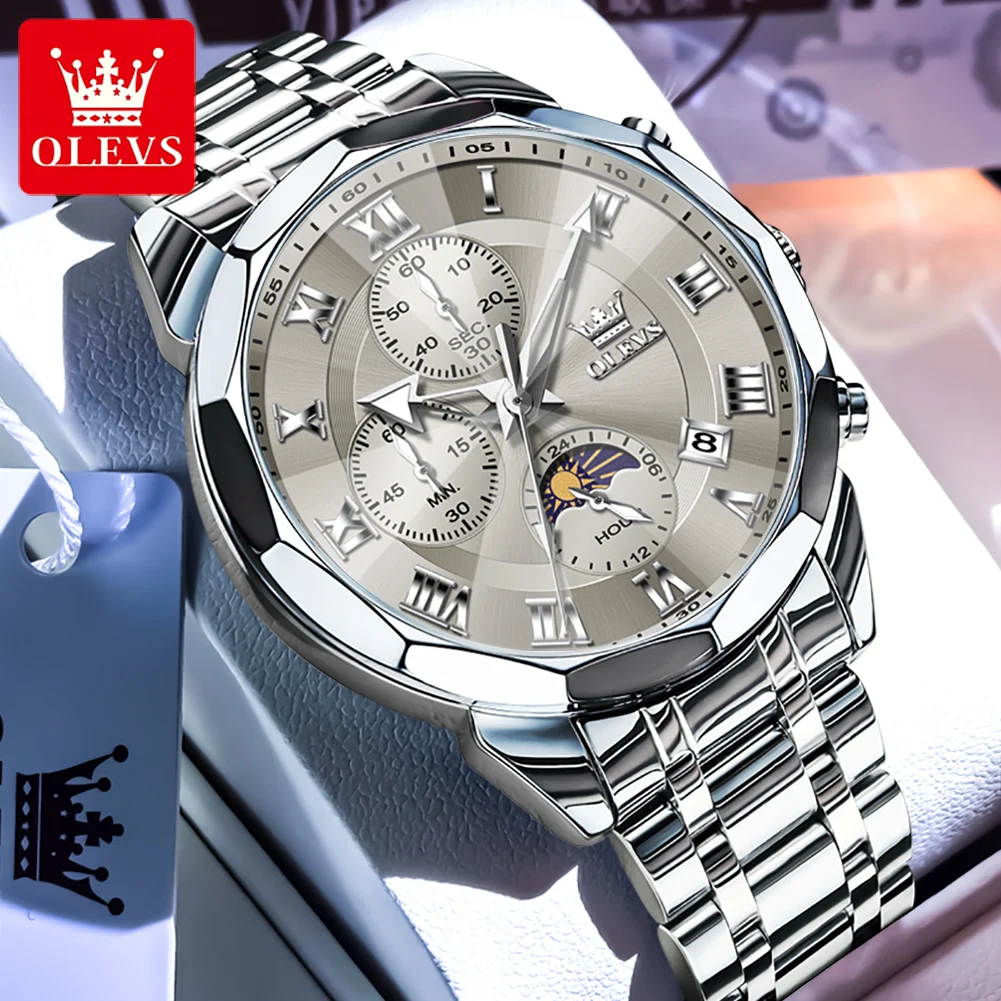 OLEVS 3675 Orologi da uomo Trend Fashion Cronografo multifunzionale Orologio al quarzo originale per uomo Data impermeabile Fasi lunari 2025