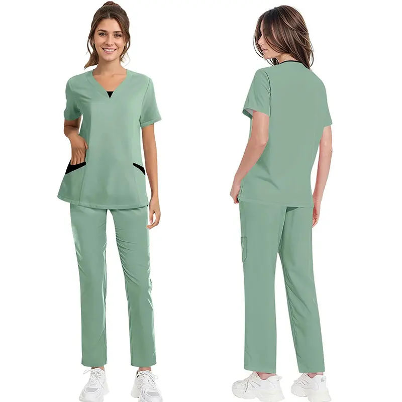 مستشفى طبيب التمريض مجموعة للجنسين الجراحية عداء ببطء البدلة قصيرة الأكمام الخامس الرقبة القمم ممرضة السراويل الصيدلة الزي الطبي بالجملة