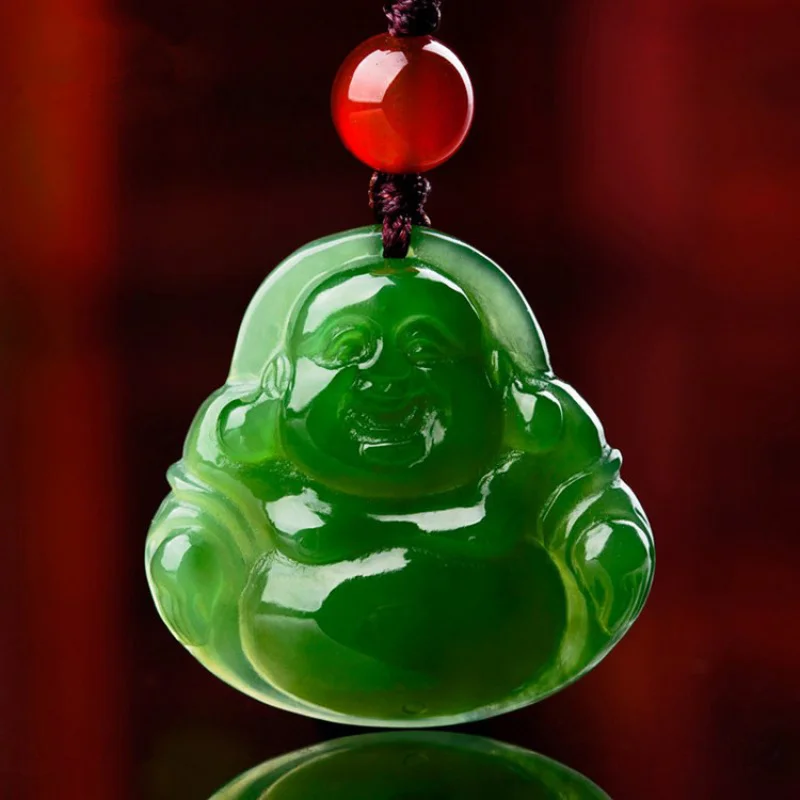 Xinjiang Green Men's and Women's Hetian Jade Smiling Maitreya Buddha Pendant Neckl